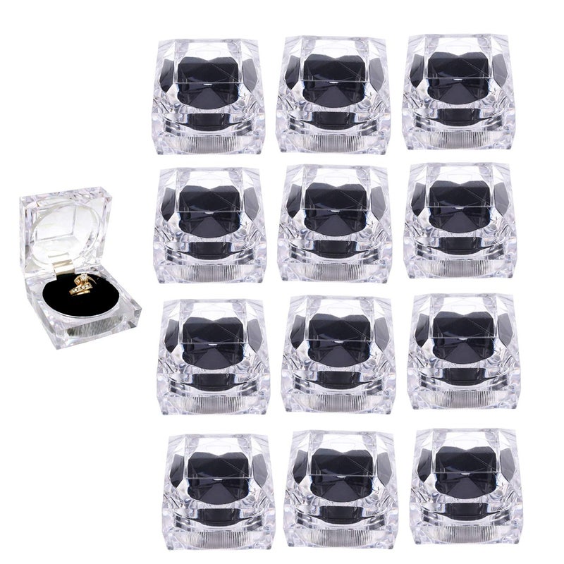 ELEpure Thickened 12 pcs Clear Crystal Ring Gift Boxes Earrings Jewelry Storage Box Acrylic Display Organizer Case for All Kinds of Ring Earrings Velvet Insert Black, 1.8" x 1.8" x 1.8" - Image 1